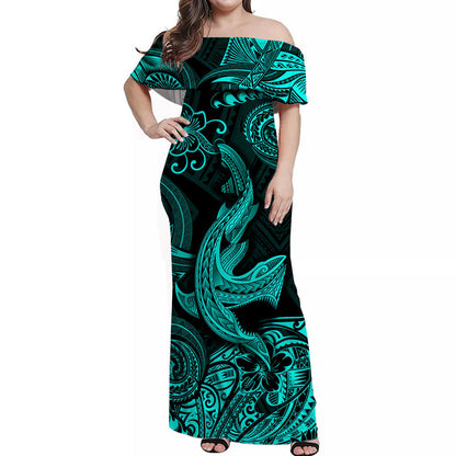 Hawaii Angry Shark Polynesian Off Shoulder Long Dress Unique Style Turquoise