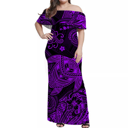 Hawaii Turtle Polynesian Off Shoulder Long Dress Plumeria Flower Unique Style Purple