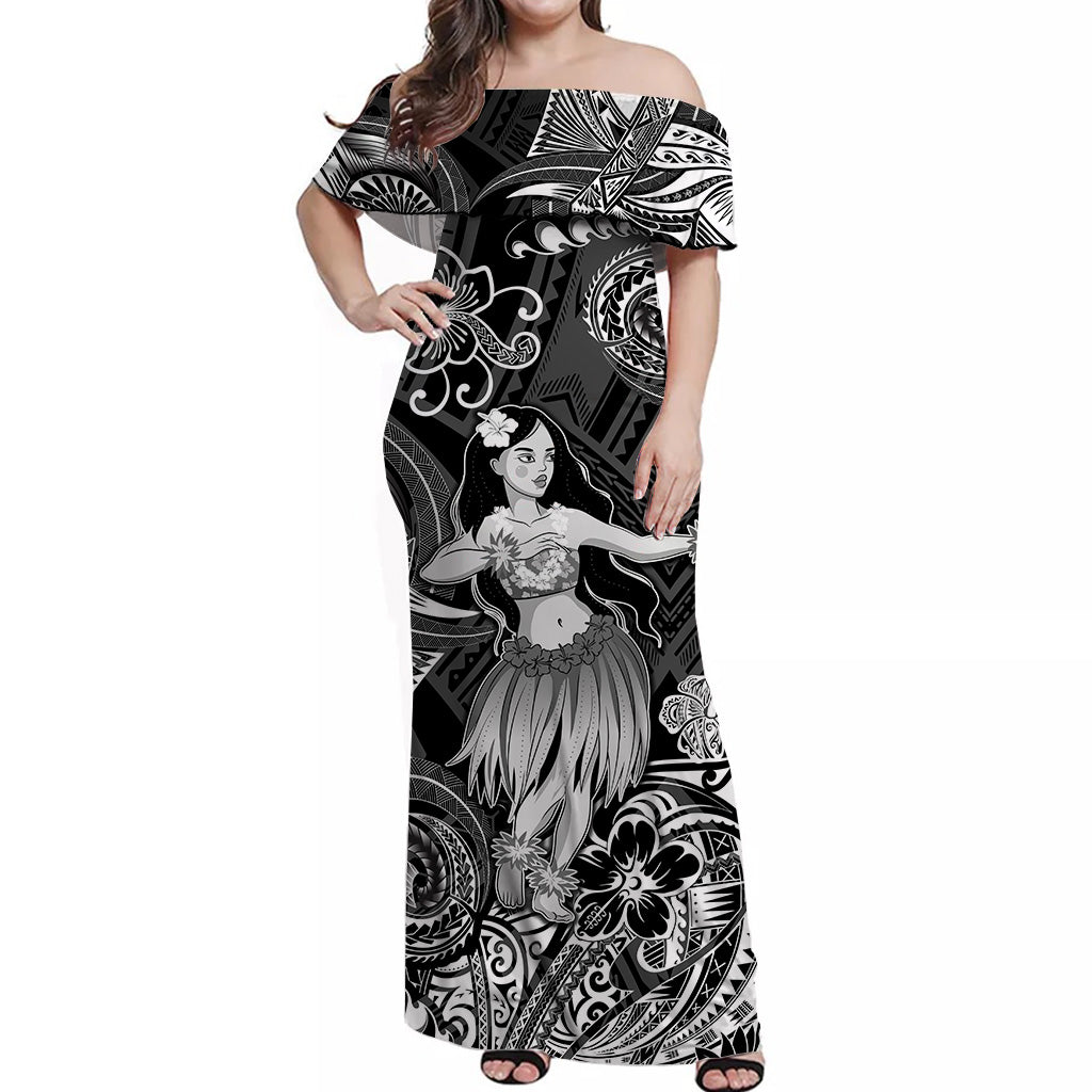 Hawaii Hula Girl Polynesian Off Shoulder Long Dress Unique Style Black