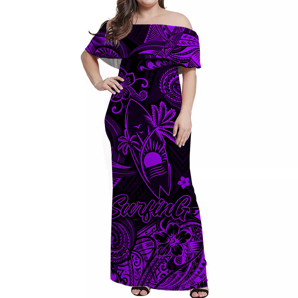 Hawaii Surfing Polynesian Off Shoulder Long Dress Unique Style Purple