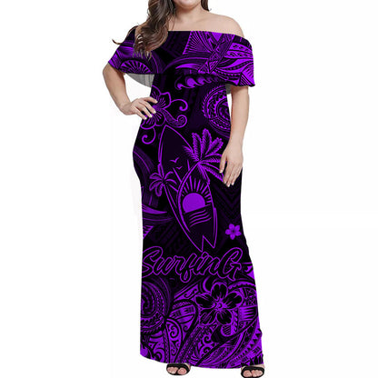 Hawaii Surfing Polynesian Off Shoulder Long Dress Unique Style Purple