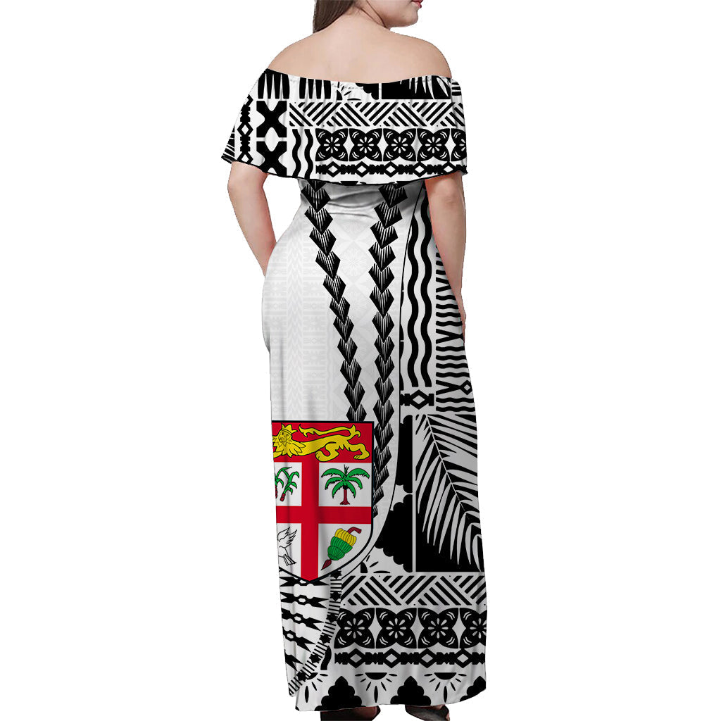 Fiji Off Shoulder Long Dress Masi Tapa Patterns White Style