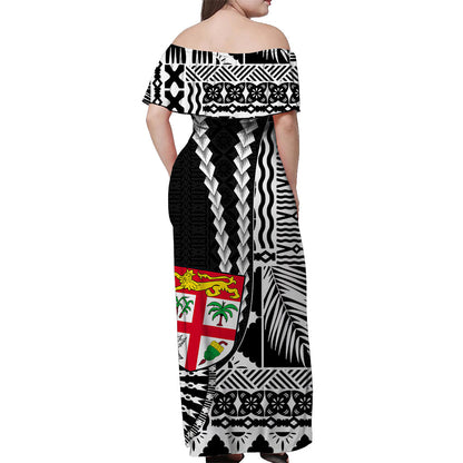 Fiji Off Shoulder Long Dress Masi Tapa Patterns Black Style