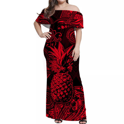 Hawaii Pineapple Polynesian Off Shoulder Long Dress Unique Style Red