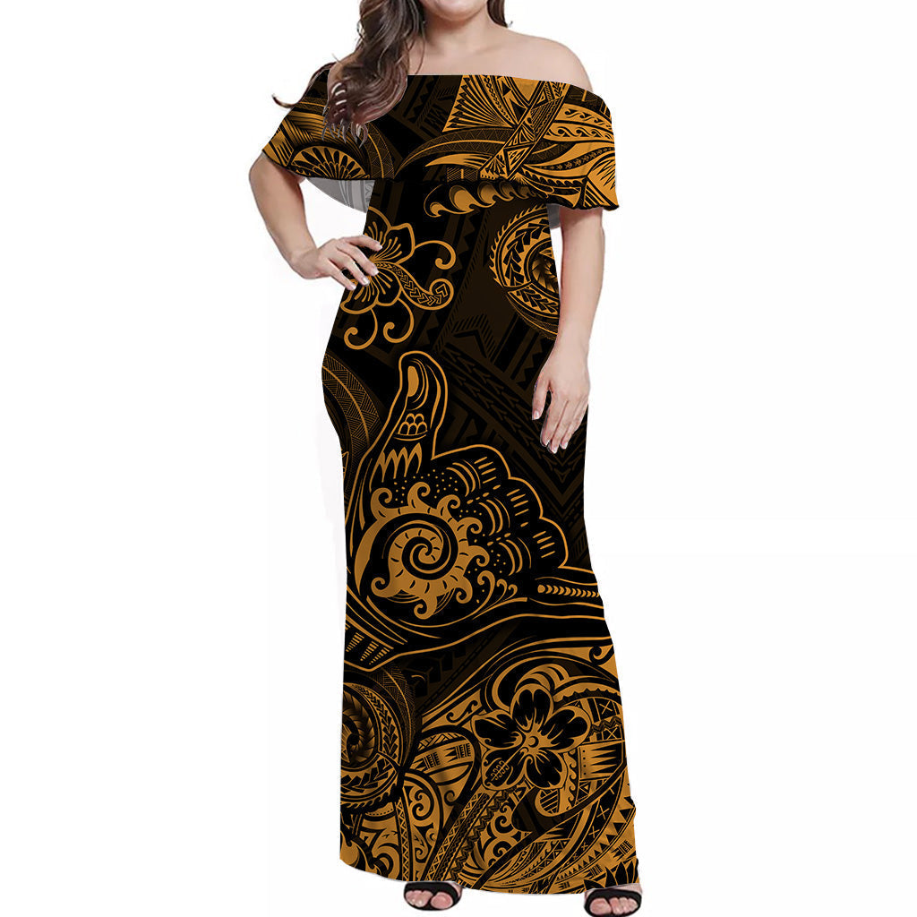 Hawaii Shaka Polynesian Off Shoulder Long Dress Unique Style Gold
