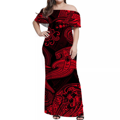 Hawaii Hammer Shark Polynesian Off Shoulder Long Dress Unique Style Red