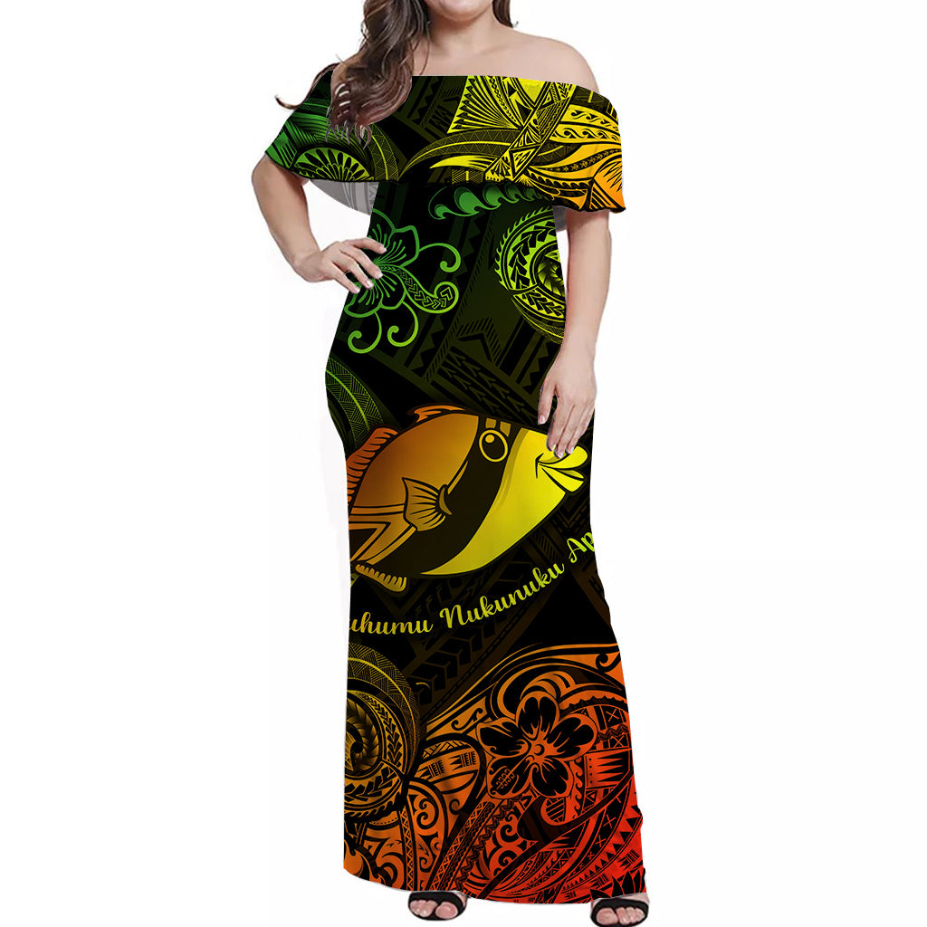 Hawaii State Fish: Humuhumu Nukunuku Apuaa Polynesian Off Shoulder Long Dress Unique Style Reggae