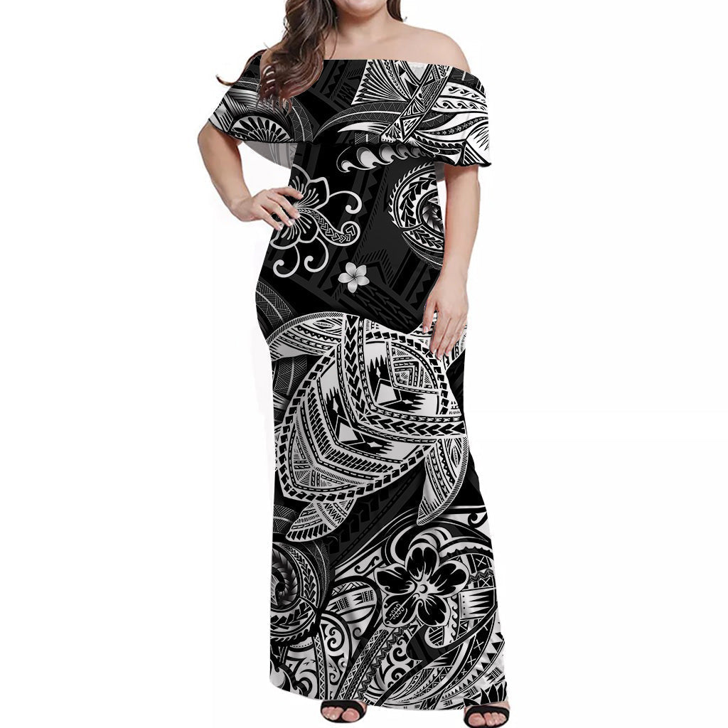 Hawaii Turtle Polynesian Off Shoulder Long Dress Plumeria Flower Unique Style Black