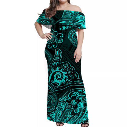 Hawaii Shaka Polynesian Off Shoulder Long Dress Unique Style Turquoise