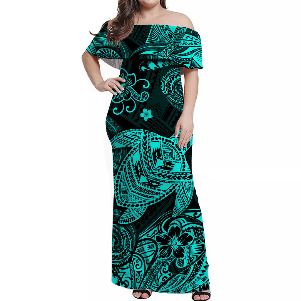 Hawaii Turtle Polynesian Off Shoulder Long Dress Plumeria Flower Unique Style Turquoise