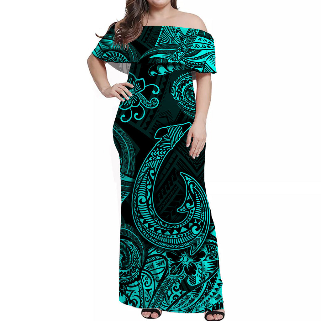Hawaii Fish Hook Polynesian Off Shoulder Long Dress Unique Style Turquoise
