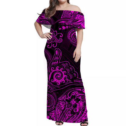 Hawaii Shaka Polynesian Off Shoulder Long Dress Unique Style Pink