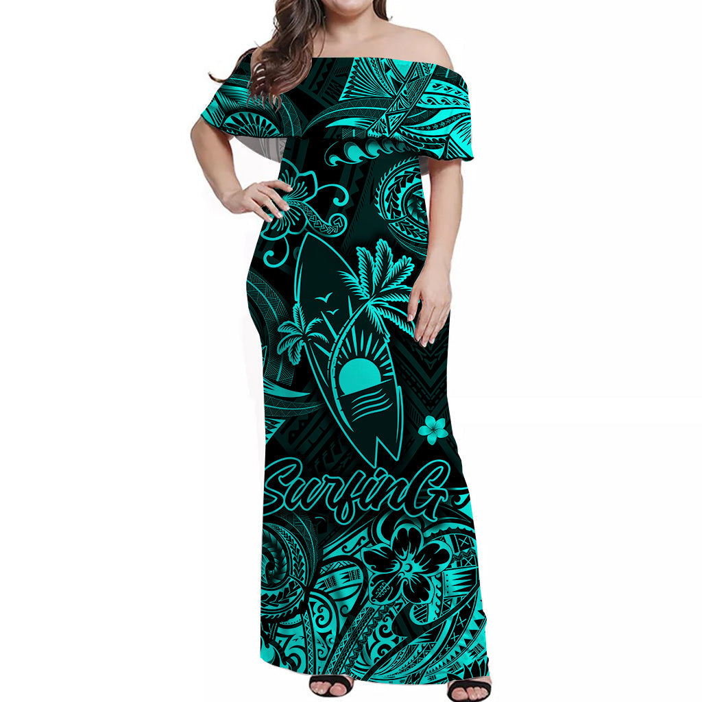 Hawaii Surfing Polynesian Off Shoulder Long Dress Unique Style Turquoise