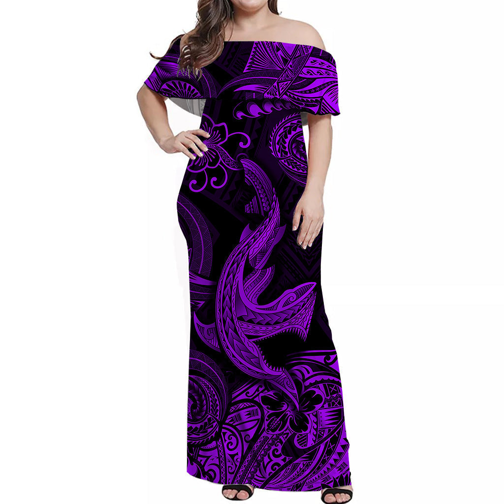 Hawaii Angry Shark Polynesian Off Shoulder Long Dress Unique Style Purple