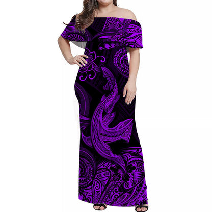 Hawaii Angry Shark Polynesian Off Shoulder Long Dress Unique Style Purple