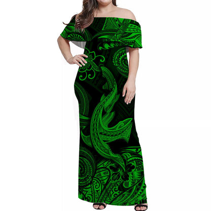 Hawaii Angry Shark Polynesian Combo Dress and Hawaiian Shirt Matching Couples Outfit Unique Style Green