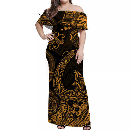 Hawaii Fish Hook Polynesian Off Shoulder Long Dress Unique Style Gold