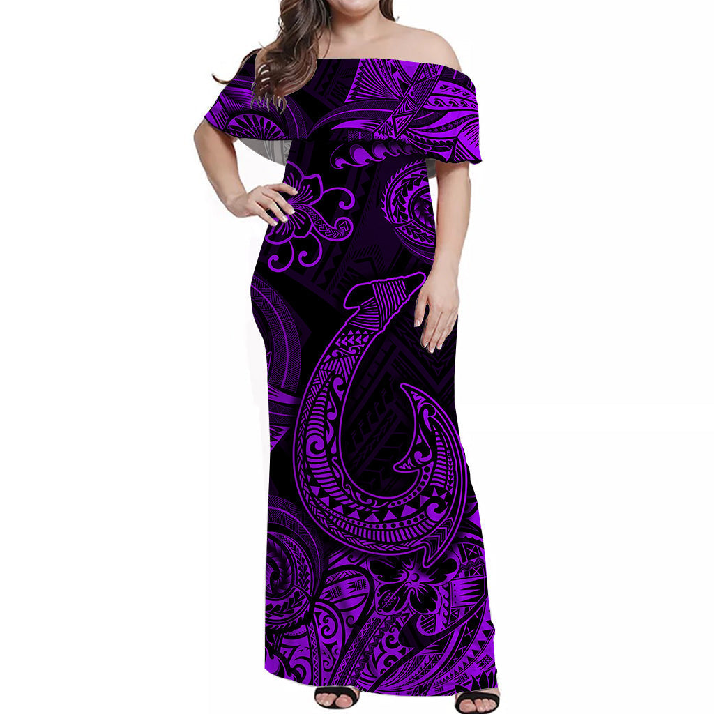 Hawaii Fish Hook Polynesian Off Shoulder Long Dress Unique Style Purple