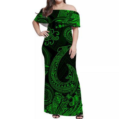 Hawaii Fish Hook Polynesian Off Shoulder Long Dress Unique Style Green