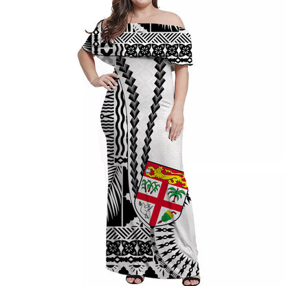 Fiji Off Shoulder Long Dress Masi Tapa Patterns White Style