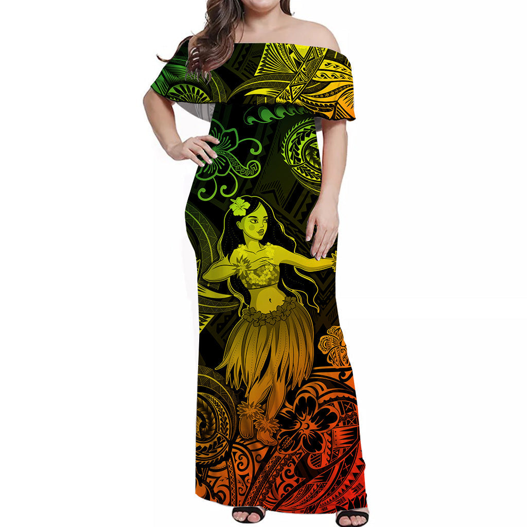 Hawaii Hula Girl Polynesian Off Shoulder Long Dress Unique Style Reggae