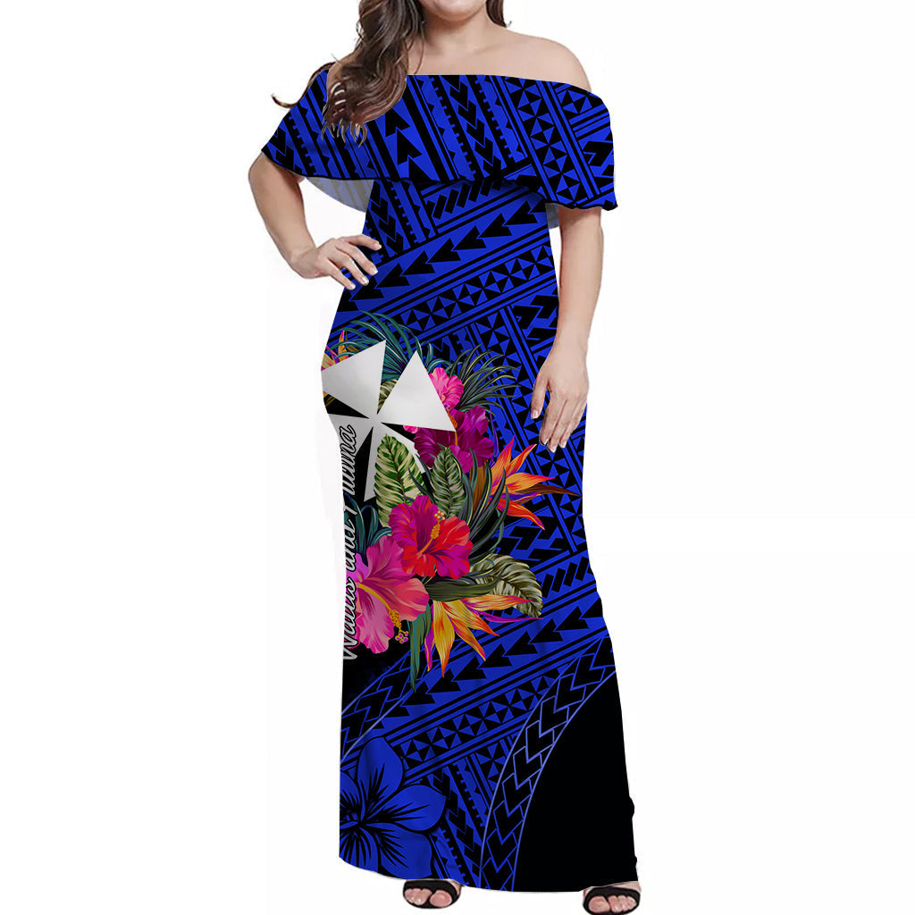 Wallis and Futuna Off Shoulder Long Dress Hibiscus Blue No.1 Color
