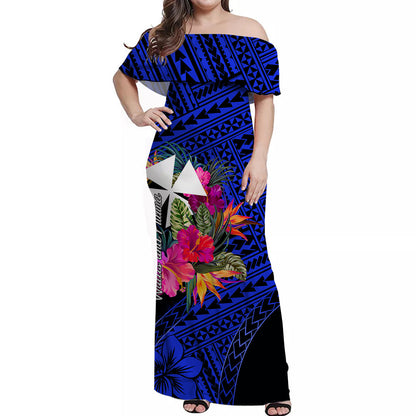 Wallis and Futuna Off Shoulder Long Dress Hibiscus Blue No.1 Color