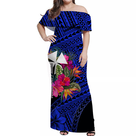 Wallis and Futuna Off Shoulder Long Dress Hibiscus Blue No.1 Color