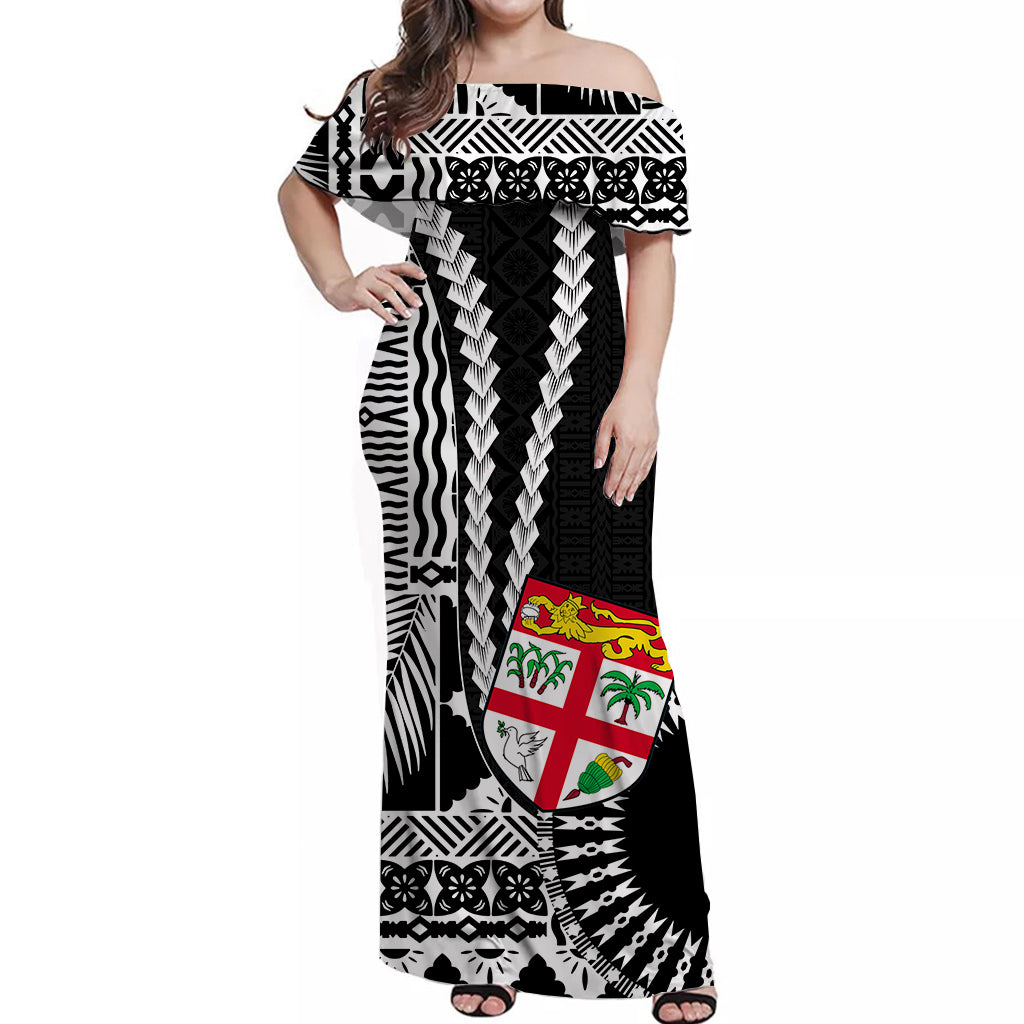 Fiji Off Shoulder Long Dress Masi Tapa Patterns Black Style