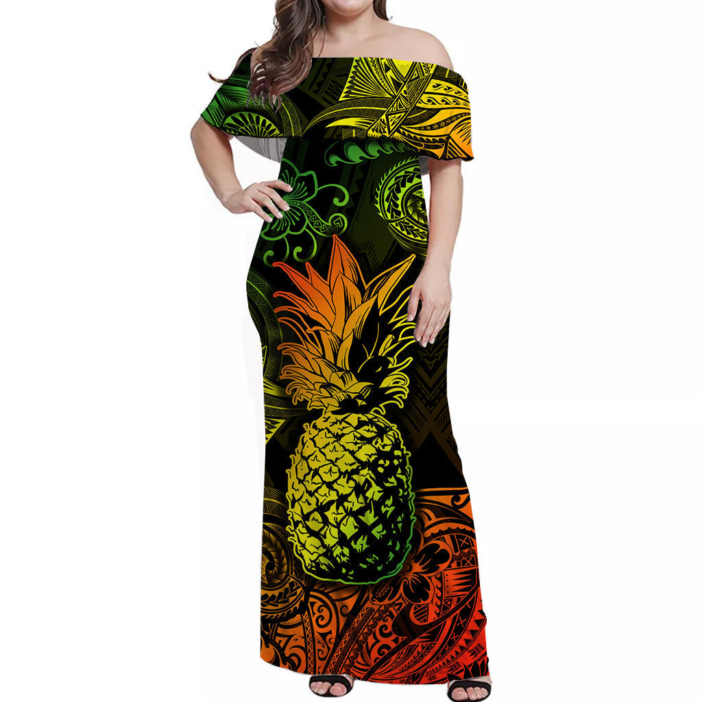 Hawaii Pineapple Polynesian Off Shoulder Long Dress Unique Style Reggae