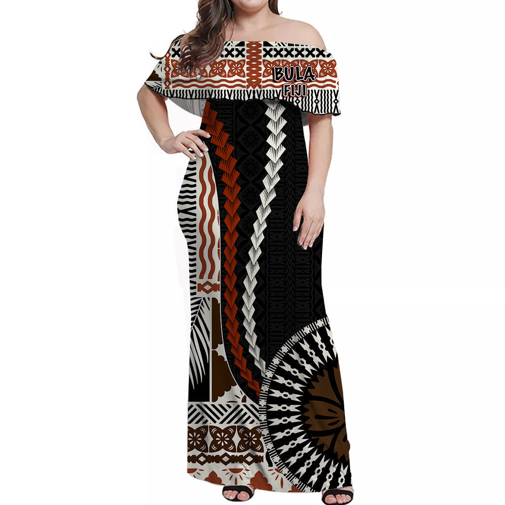 Bula Fiji Off Shoulder Long Dress Masi Tapa Patterns Style