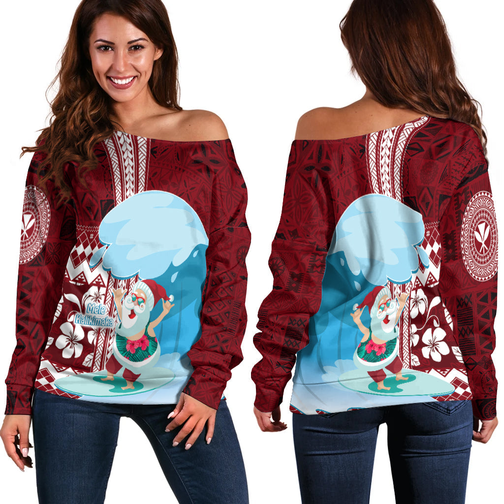 Hawaii Christmas Surfing Santa Claus Mele Kalikimaka Off Shoulder Sweater