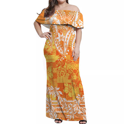 Polynesian Off Shoulder Long Dress Tapa Plumeria Style Orange