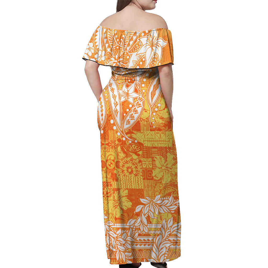Polynesian Off Shoulder Long Dress Tapa Plumeria Style Orange