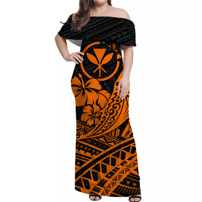 Hawaii Humpback Whale With Hibiscus Tribal Off Shoulder Dress Orange