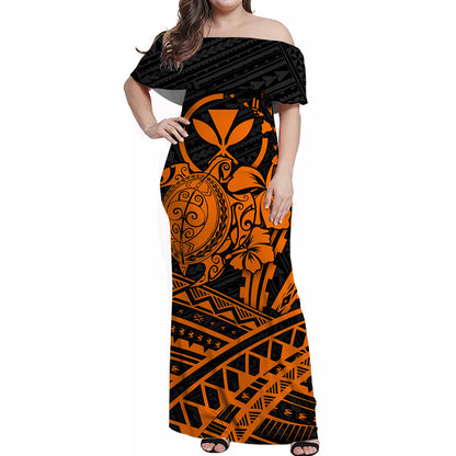 Hawaii Turtle With Hibiscus Tribal Off Shoulder Dress Orange