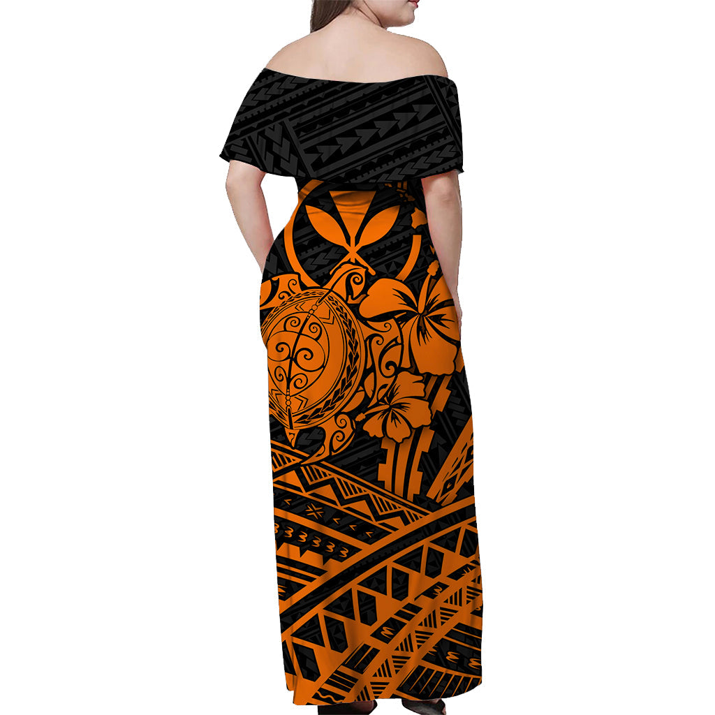 Hawaii Turtle With Hibiscus Tribal Off Shoulder Dress Orange