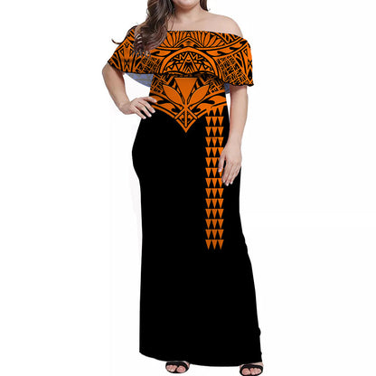 Hawaii Polynesian Tribal Off Shoulder Dress Orange