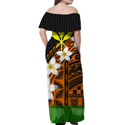 Hawaii Off Shoulder Dress Banana Leaf With Plumeria Flowers Orange