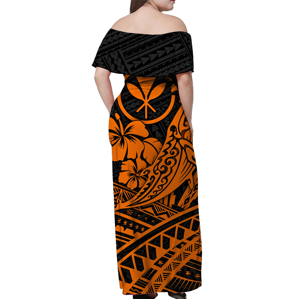 Hawaii Humpback Whale With Hibiscus Tribal Off Shoulder Dress Orange