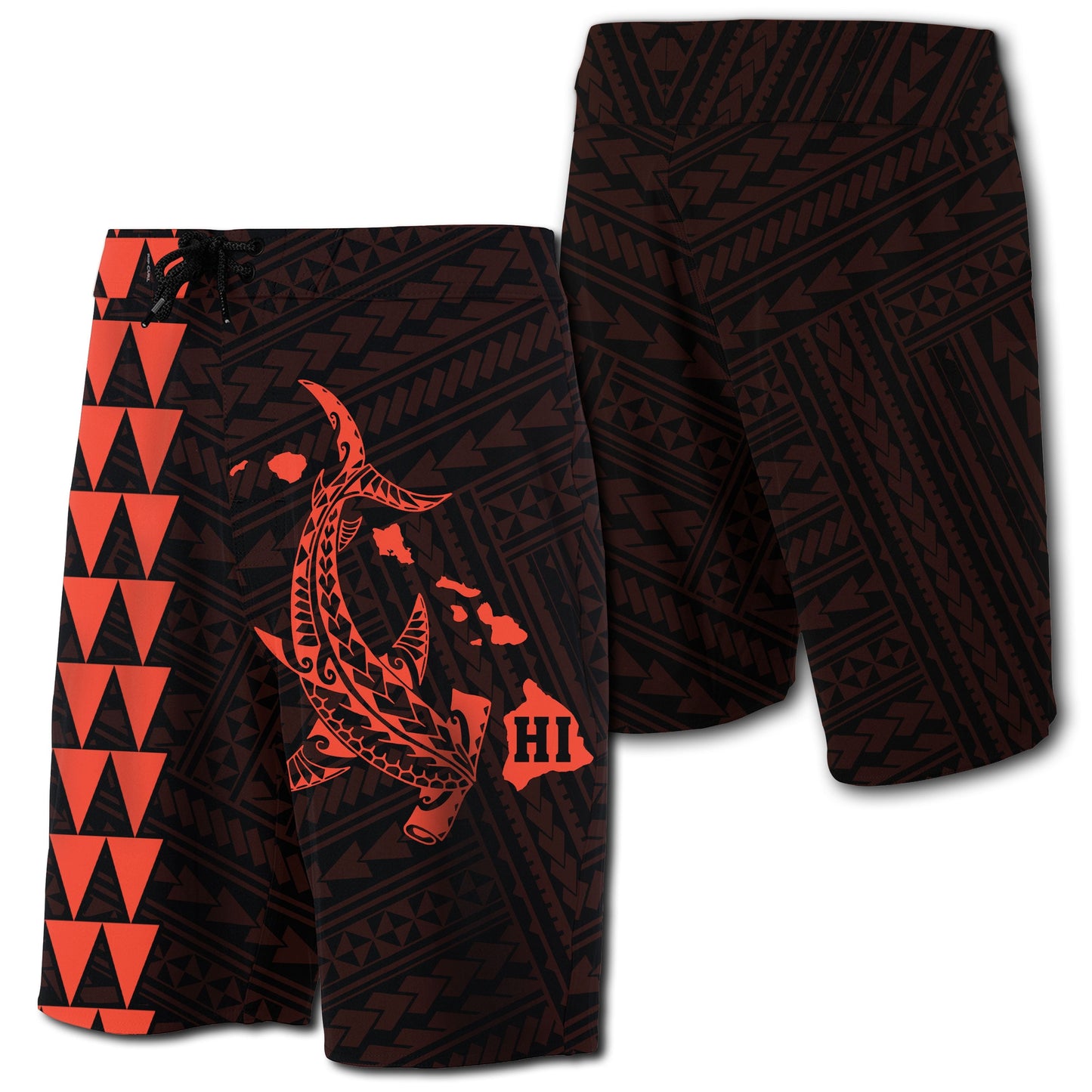 Hawaii Kakau Polynesian Hammerhead Shark Map Board Shorts - Orange