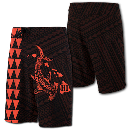 Hawaii Kakau Polynesian Hammerhead Shark Map Board Shorts - Orange