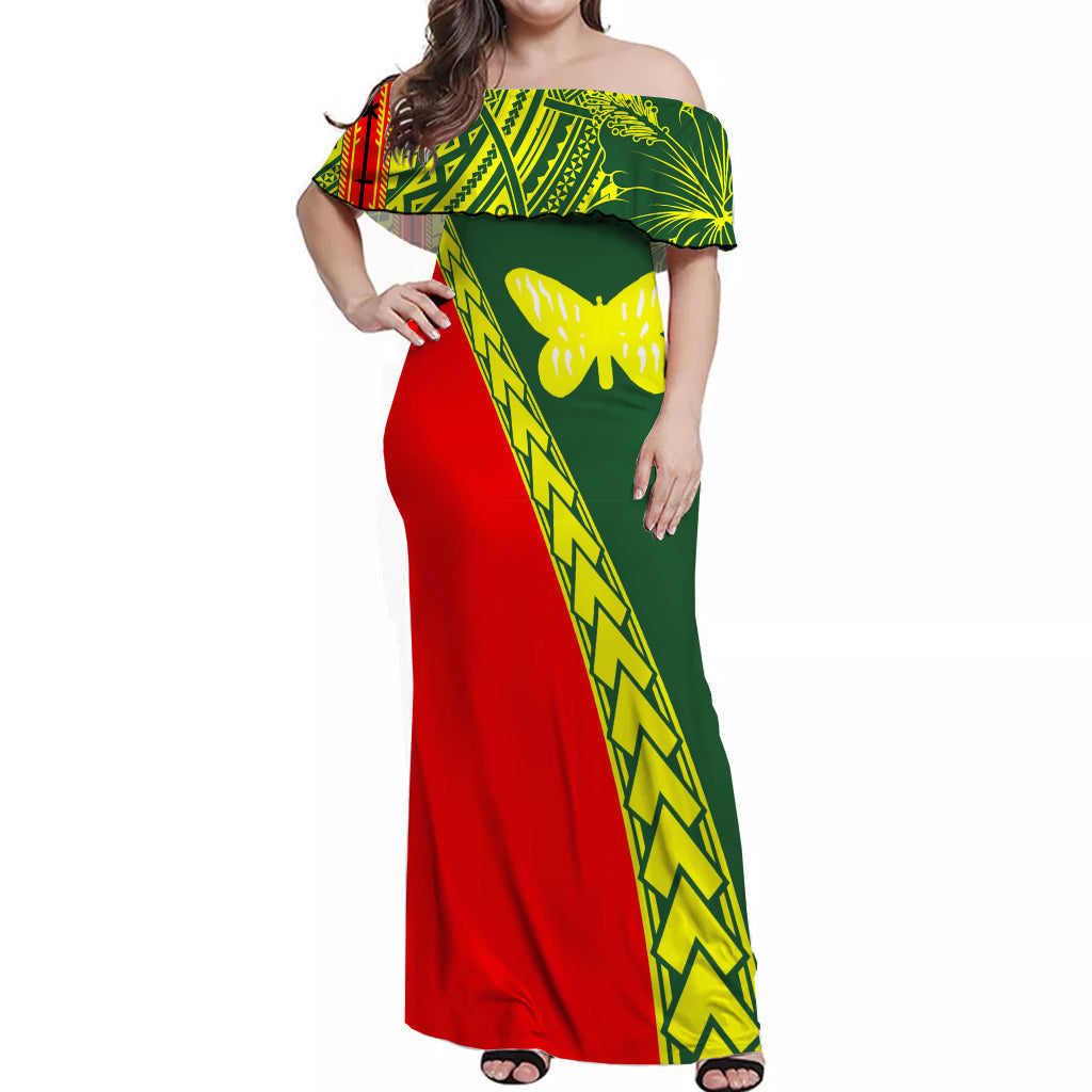 PNG Hibiscus Tribal Pattern Off Shoulder Long Dress Oro Province