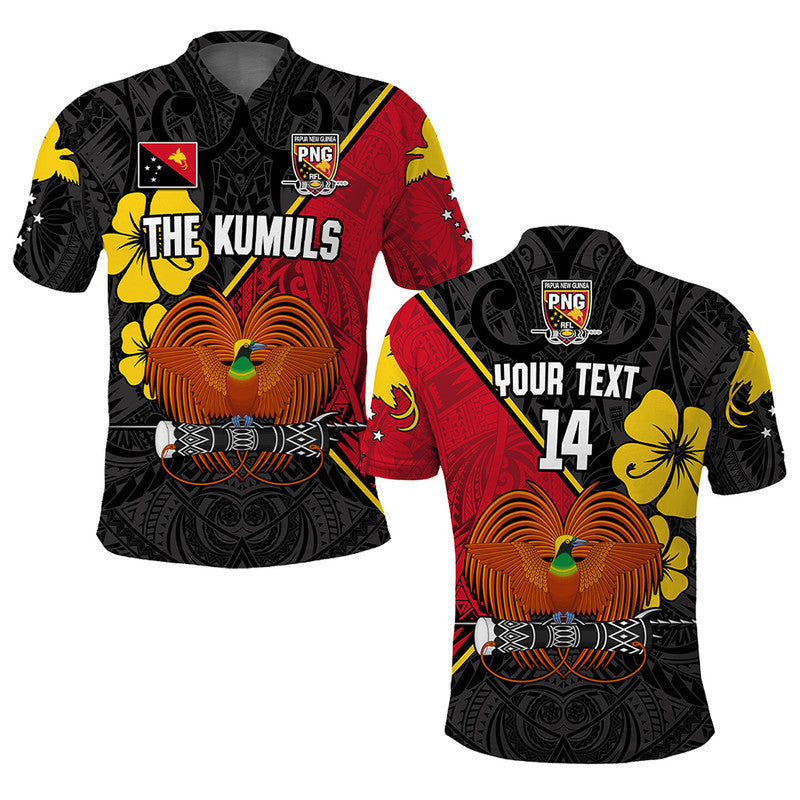 Custom Text and Number The Kumuls PNG Polo Shirt Papua New Guinea Polynesian Dynamic Style Black