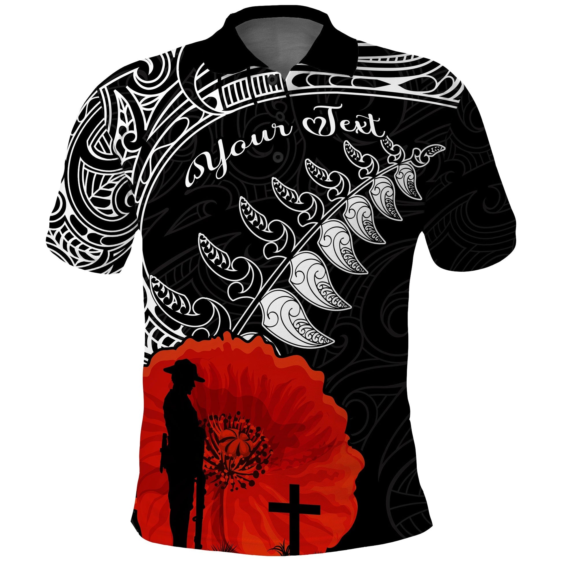 Custom Personalised New Zealand Anzac 2022 Polo Shirt Maori Mix Fern Poppy