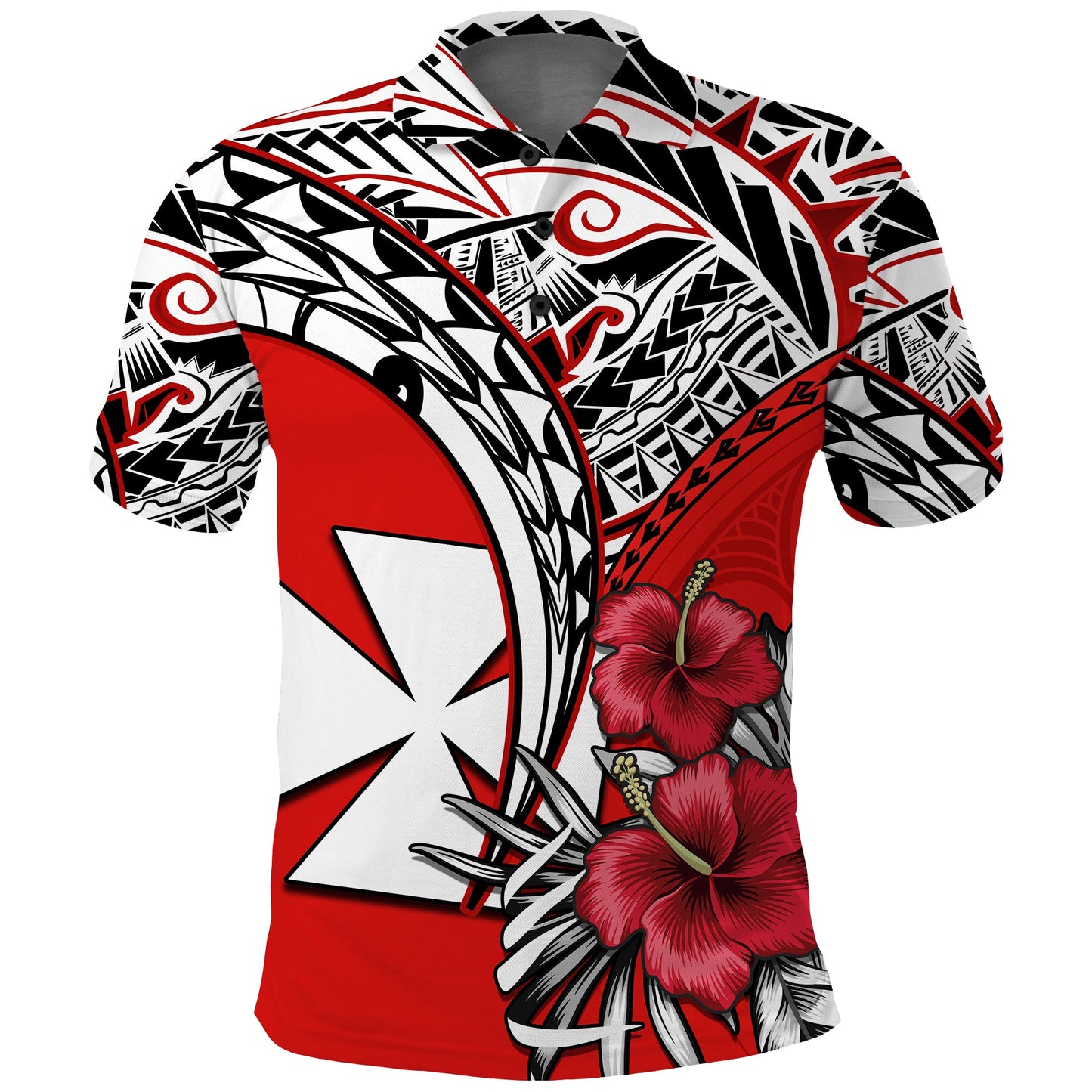 Wallis et Futuna Polo Shirt Polynesian Pattern and Hibiscus Flowers Version Red
