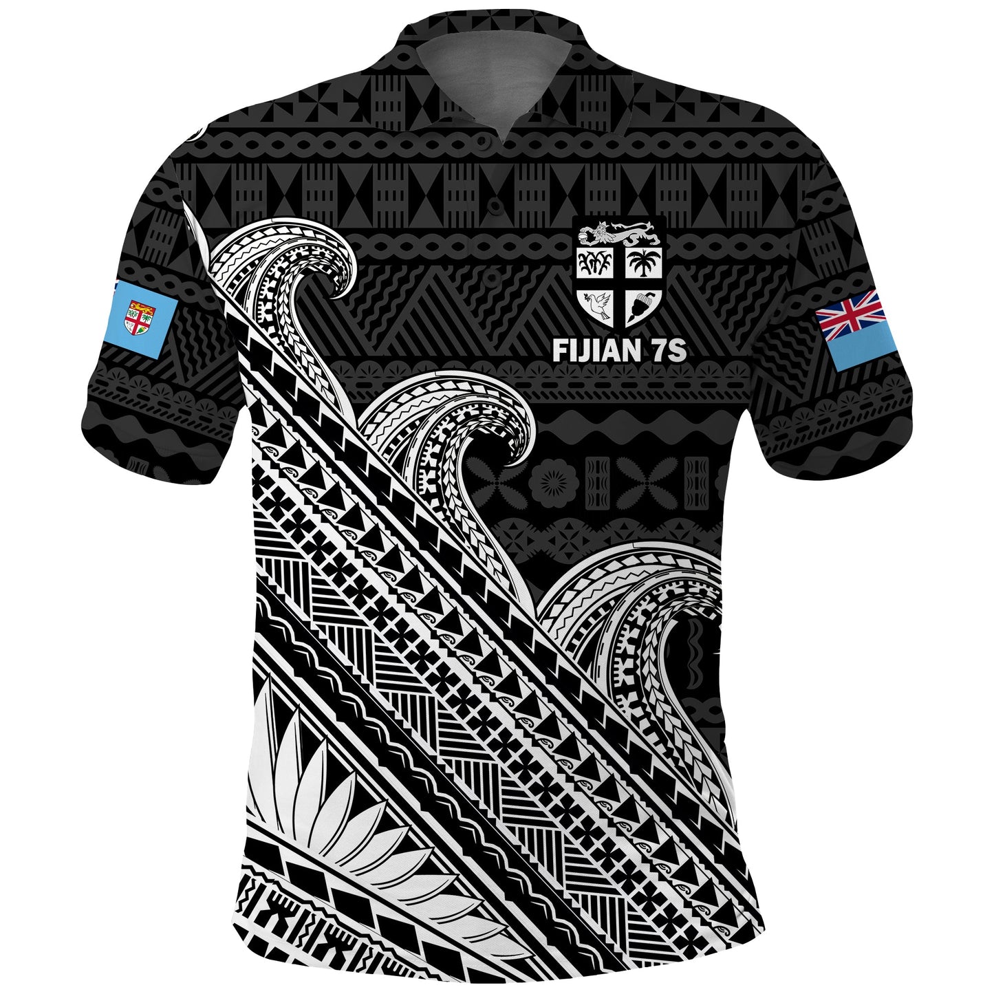 Custom Text And Number Fiji Sevens Rugby Fijian 7s Black Tapa Polynesian Art Polo Shirt