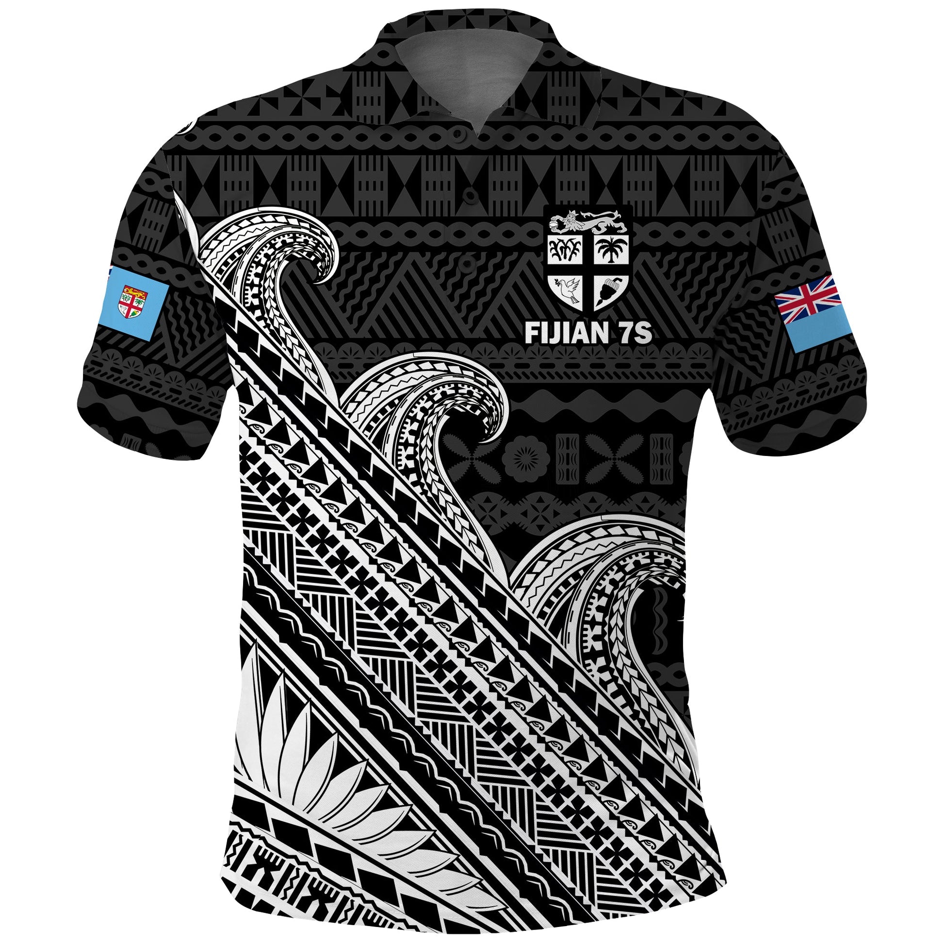 Custom Text And Number Fiji Sevens Rugby Fijian 7s Black Tapa Polynesian Art Polo Shirt
