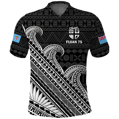 Custom Text And Number Fiji Sevens Rugby Fijian 7s Black Tapa Polynesian Art Polo Shirt