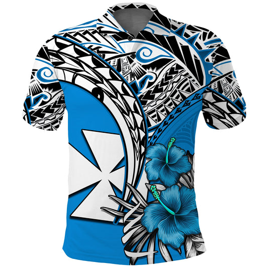 Wallis et Futuna Polo Shirt Polynesian Pattern and Hibiscus Flowers Version Blue